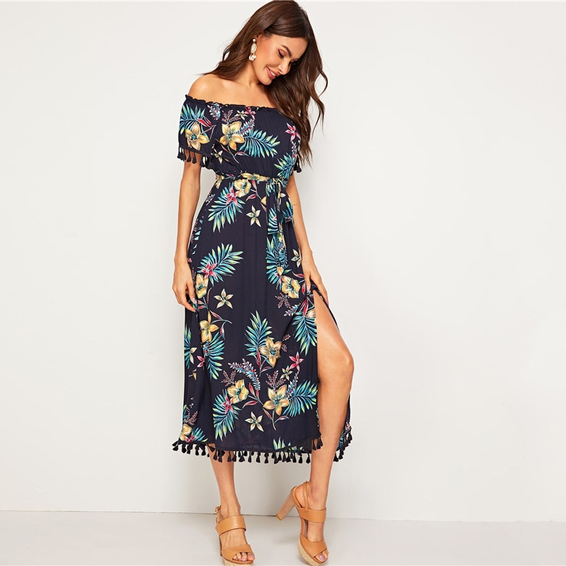Women's Tropical Printed Off-Shoulder Dress