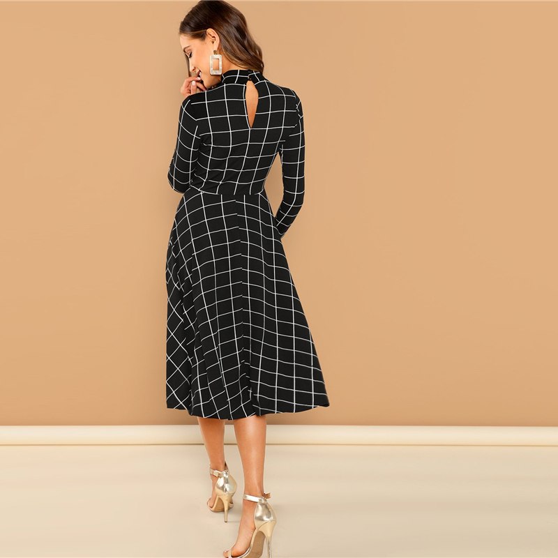 Women's Fit And Flare Black Plaid Dress